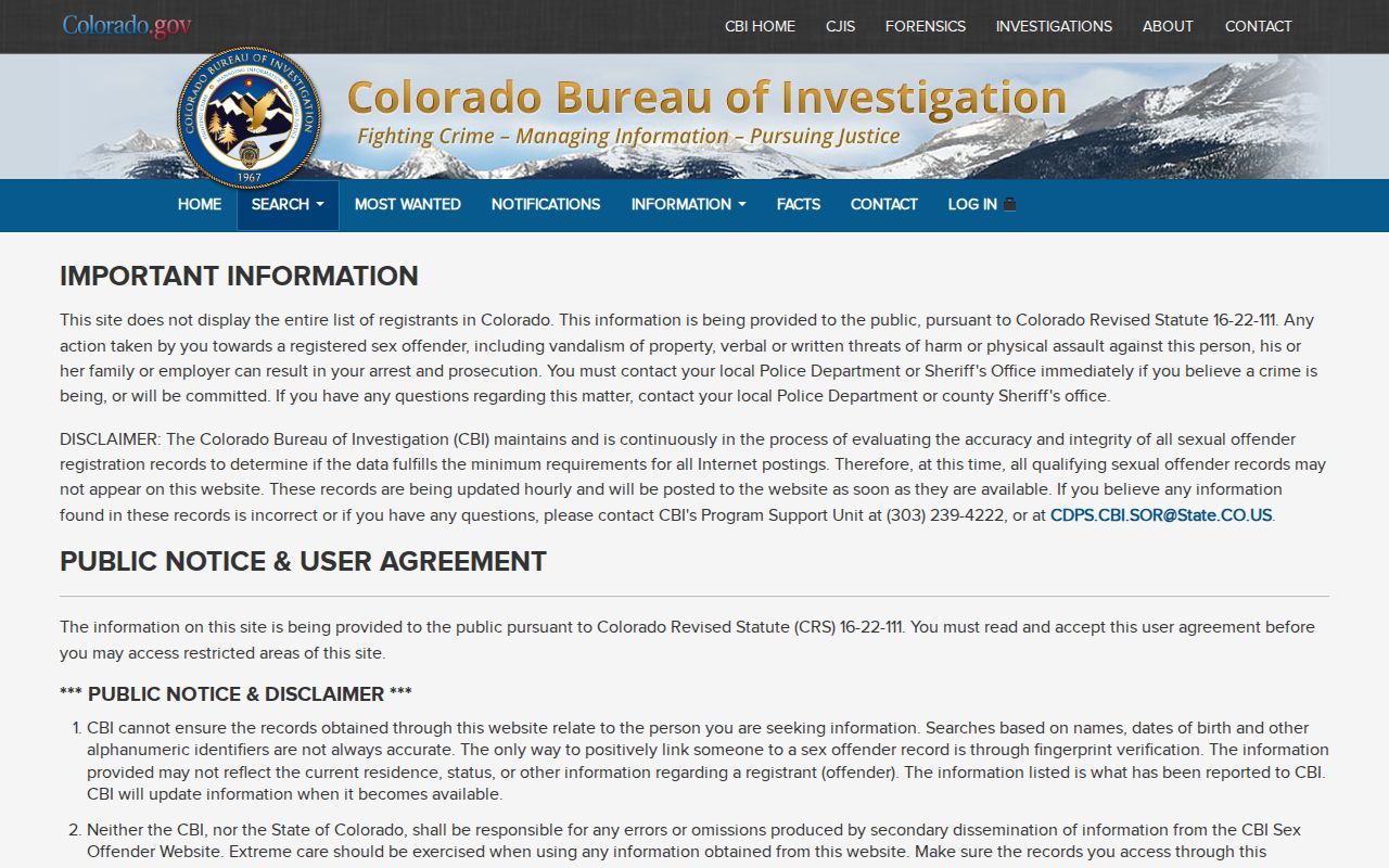 Conejos County release mugshots CBI sex offender registry search agreement