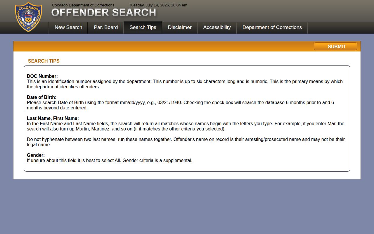Conejos County projected release CDOC search tips page