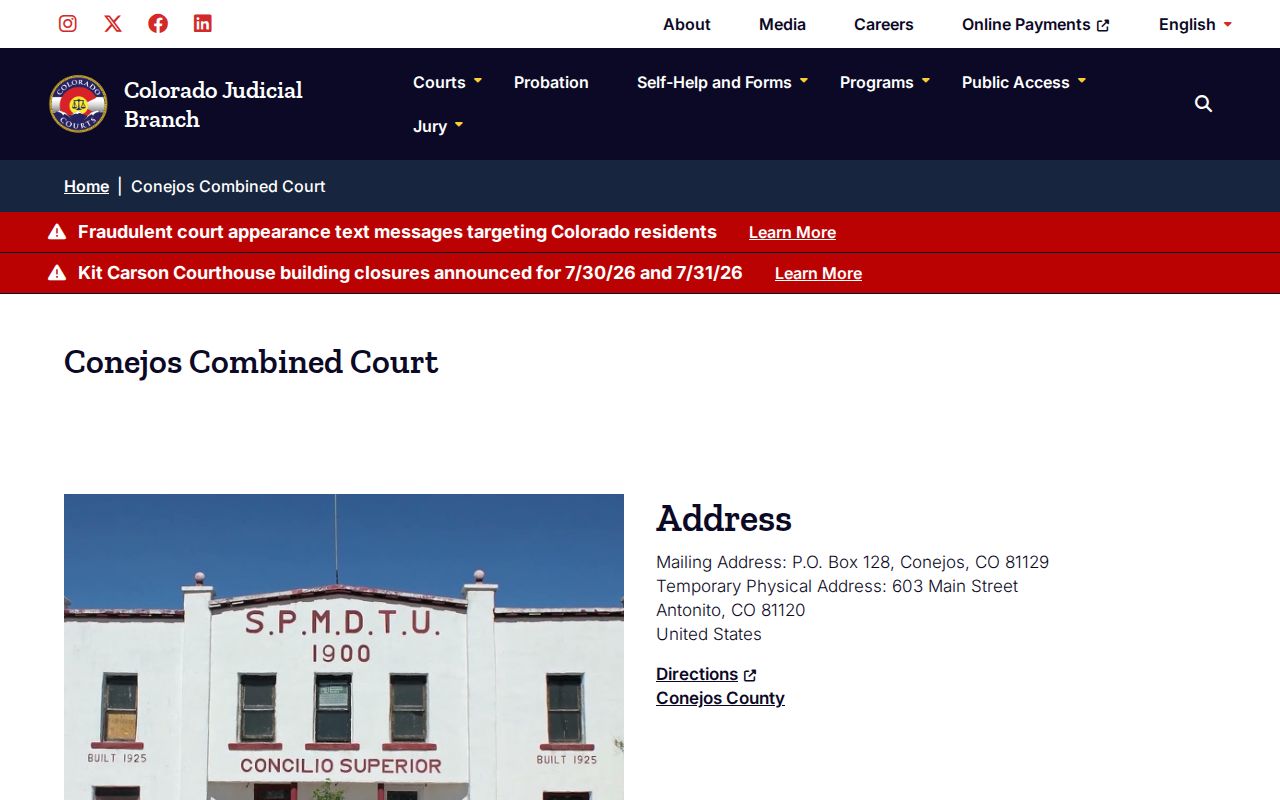 Conejos County released inmates Conejos Combined Court contact page