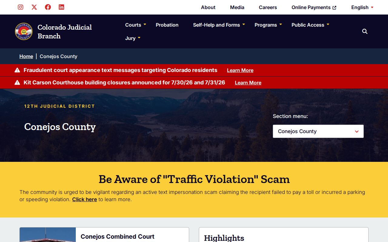 Conejos County Jail release court page for Conejos County
